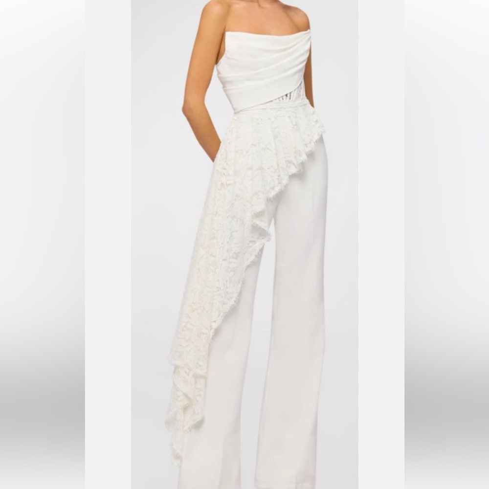 NWT Leo Lin White Carmen Draped Jumpsuit Sz 6 lace bridal wedding